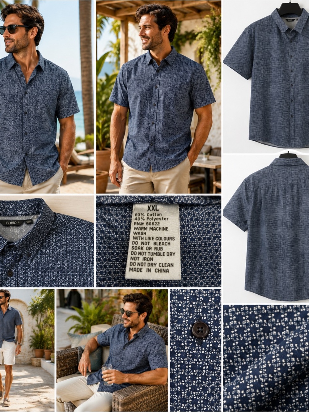 BOHIO Shirt Mens XXL Blue Geometric Pattern Casual Button Up Boho Resort 2XL Y2K